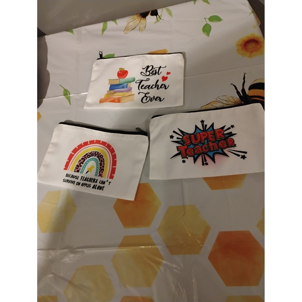 3pc Teacher Appreciation Canvas Zipper Pouch Set Best Super Teacher Gift Bags